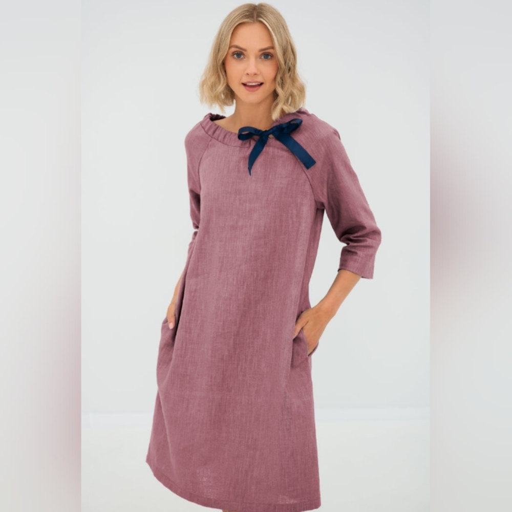 LE MUSE Pure Linen Dusty Rose Bow Neck Shift Dress M